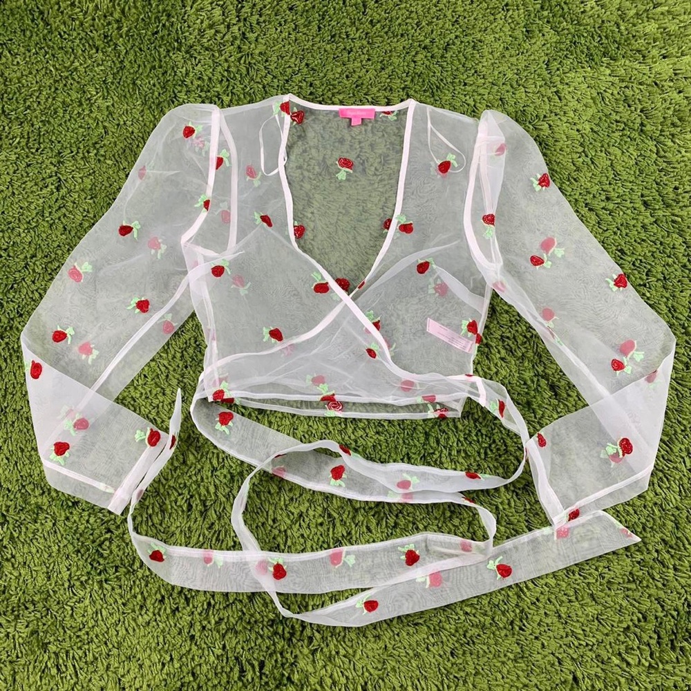 Dollskill sugar thrillz embroider strawberry sheer mesh wrap top